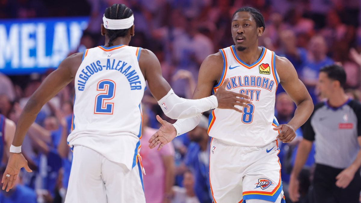 Oklahoma City Thunder forward Jalen Williams (8) and guard Shai Gilgeous-Alexander (2) celebrate after a scoring against the Denver Nuggets during the first quarter of game five of the second round for the 2025 NBA Playoffs at Paycom Center.