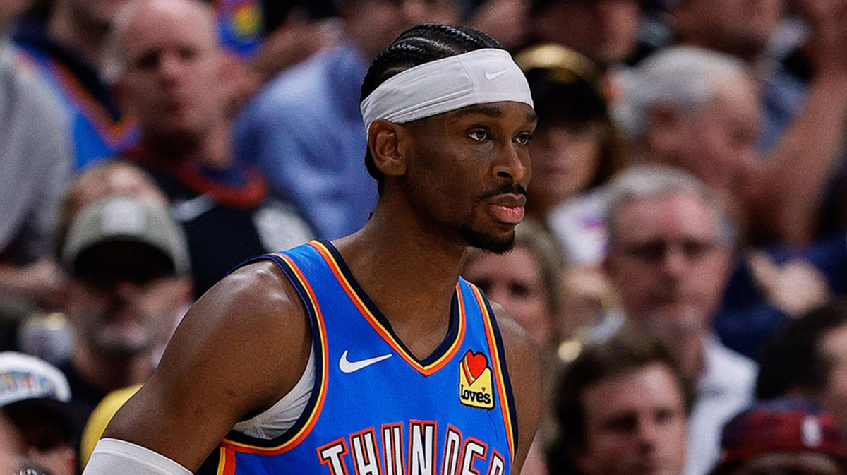 Oklahoma City Thunder guard Shai Gilgeous-Alexander (2) reacts from the sideline in the second quarter against the Denver Nuggets during game six of the second round for the 2025 NBA Playoffs at Ball Arena.