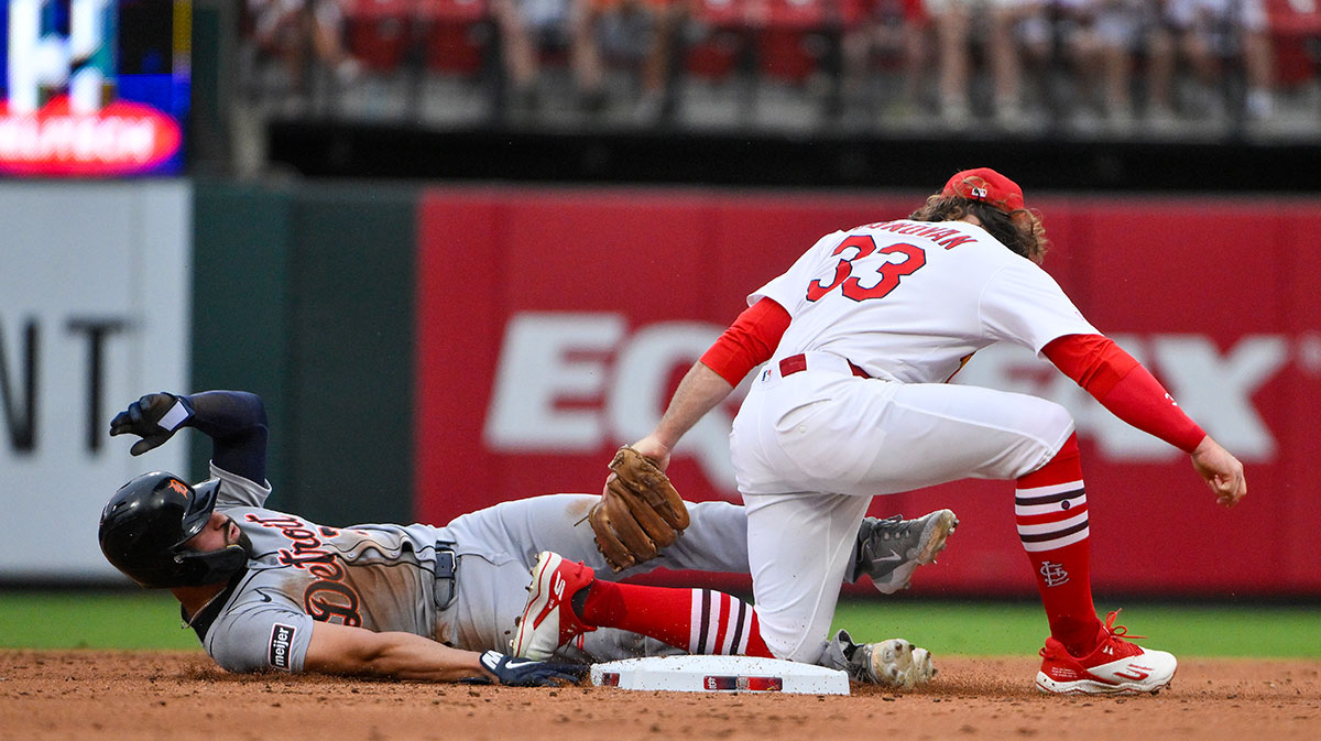 St. Louis Cardinals second baseman Brendan Donovan (33) tags out Detroit Tigers center fielder Riley Greene (31) as he attempt to steal second base during the second inning at Busch Stadium.