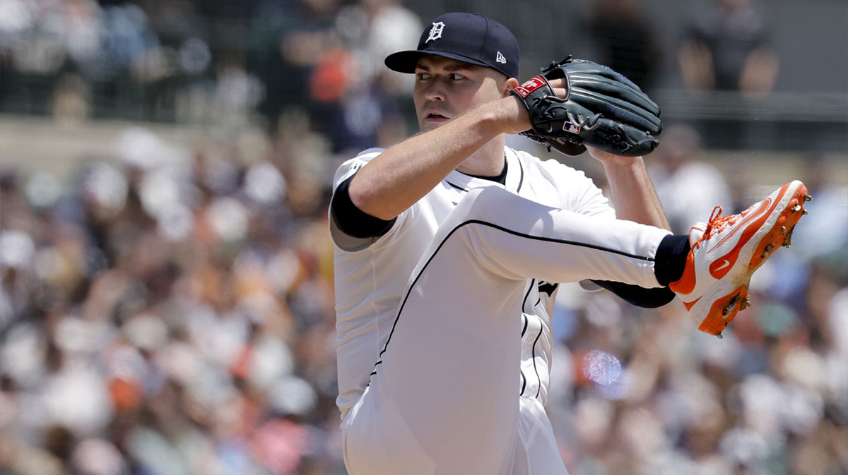 ; Detroit Tigers pitcher Tarik Skubal (29) pitches in the ninth inning against the Cleveland Guardians at Comerica Park.