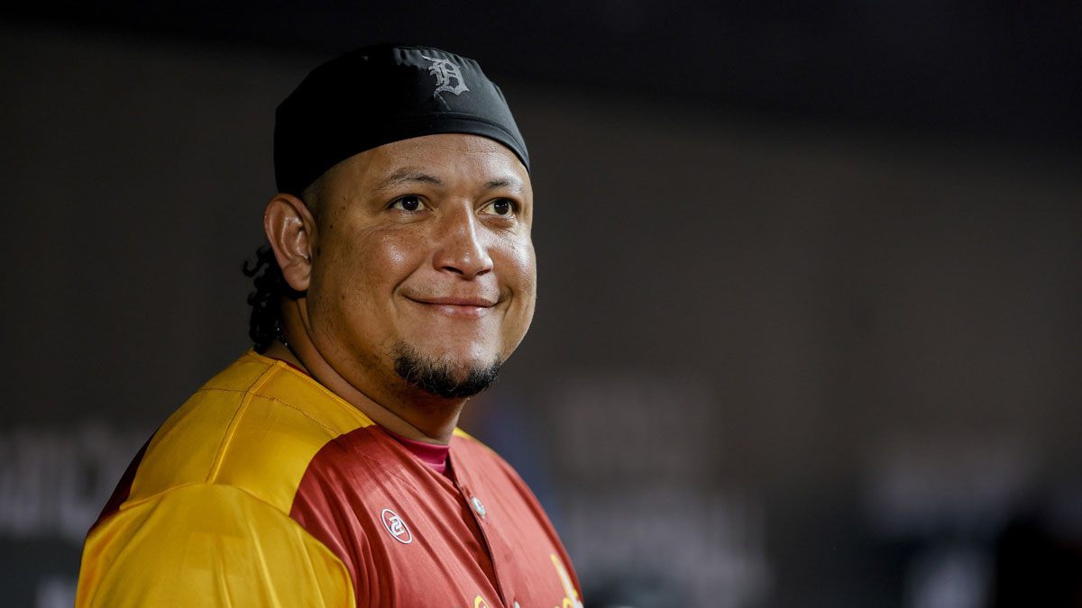 Venezuela designated hitter Miguel Cabrera (24) looks on from inside the dugout in the second inning against Puerto Rico at LoanDepot Park.