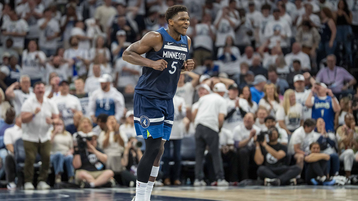 Minnesota Timberwolves guard Anthony Edwards (5) reacts after making a shot against the Golden State Warriors in the first half during game five of the second round for the 2025 NBA Playoffs at Target Center.