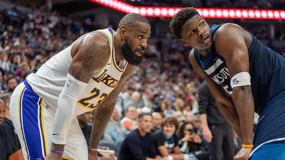 Timberwolves' Anthony Edwards and Lakers' LeBron James — who were roasted by In-N-Out after being eliminated — during first roud of the NBA Playoffs.