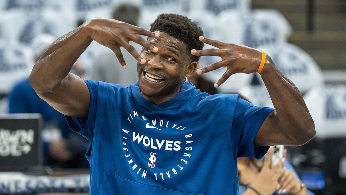 Minnesota Timberwolves guard Anthony Edwards (5) on the court during warmups prior to game five of the second round for the 2025 NBA Playoffs against the Golden State Warriors at Target Center.
