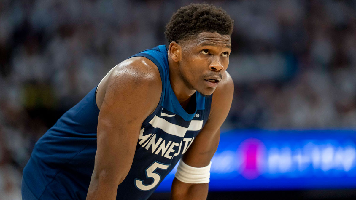 Minnesota Timberwolves guard Anthony Edwards (5) looks on against the Golden State Warriors in the second half during game two of the second round for the 2025 NBA Playoffs at Target Center.