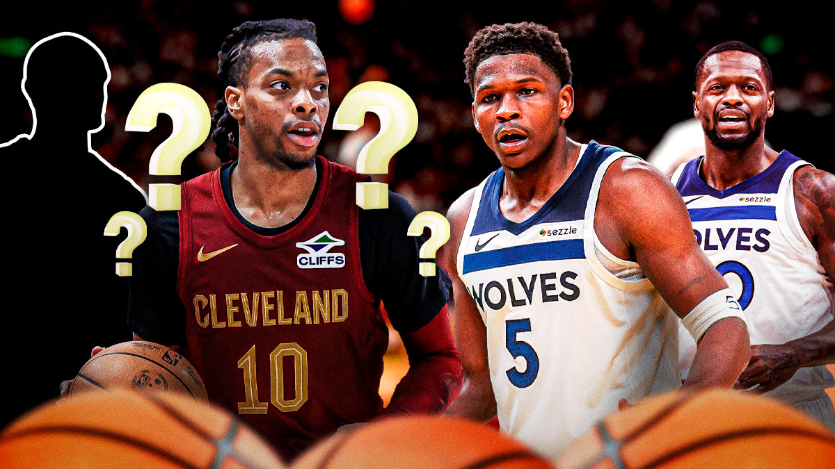 Cavaliers' guard Darius Garland with Timberwolves' Anthony Edwards and Julius Randle - NBA trade rumors and scenarios