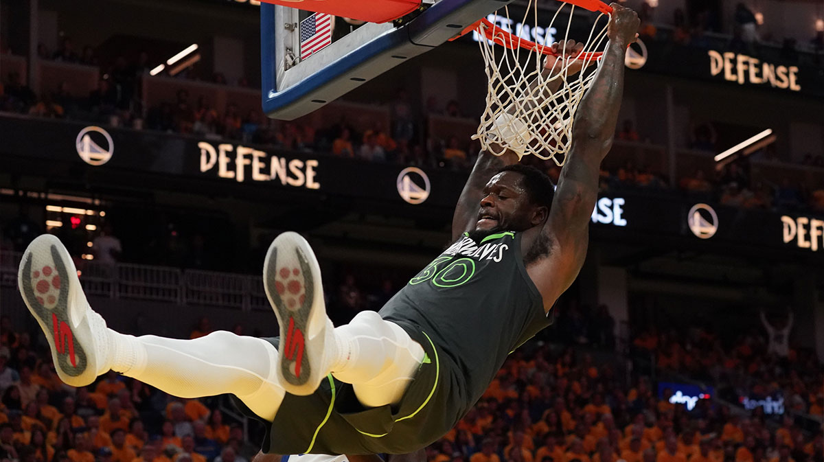 Minnesota Timberwolves forward-center Julius Randle (30) dunks against the Golden State Warriors in the fourth quarter during game three in the second round for the 2025 NBA Playoffs at Chase Center
