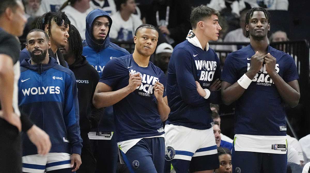 The Minnesota Timberwolves bench watches as their team trails the Golden State Warriors in the fourth quarter during game one of the second round for the 2025 NBA Playoffs at Target Center. Mandatory Credit: Bruce Kluckhohn-Imagn Images