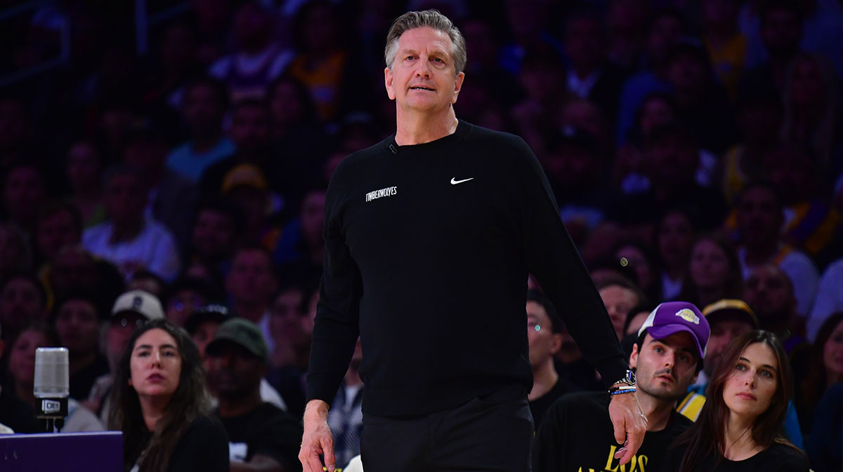 Minnesota Timberwolves head coach Chris Finch watches game action against the Los Angeles Lakers during the first half in game five of first round for the 2025 NBA Playoffs at Crypto.com Arena.