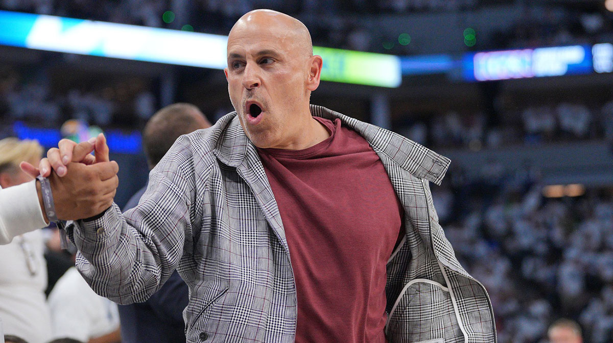 Timberwolves co-owner Mark Lore reacts against the Oklahoma City Thunder during the first half with Timberwolves fans in game three of the western conference finals for the 2025 NBA Playoffs at Target Center