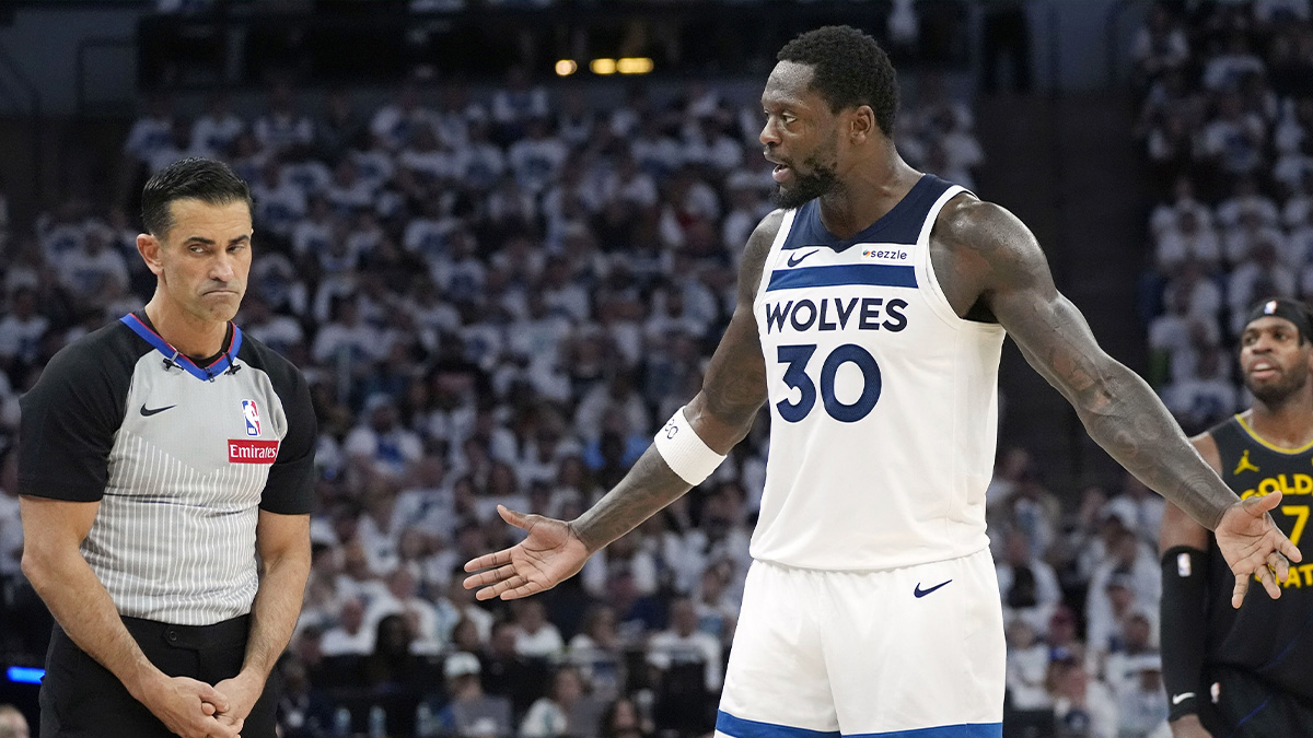 Timberwolves forward Julius Randle (30) questions the call
