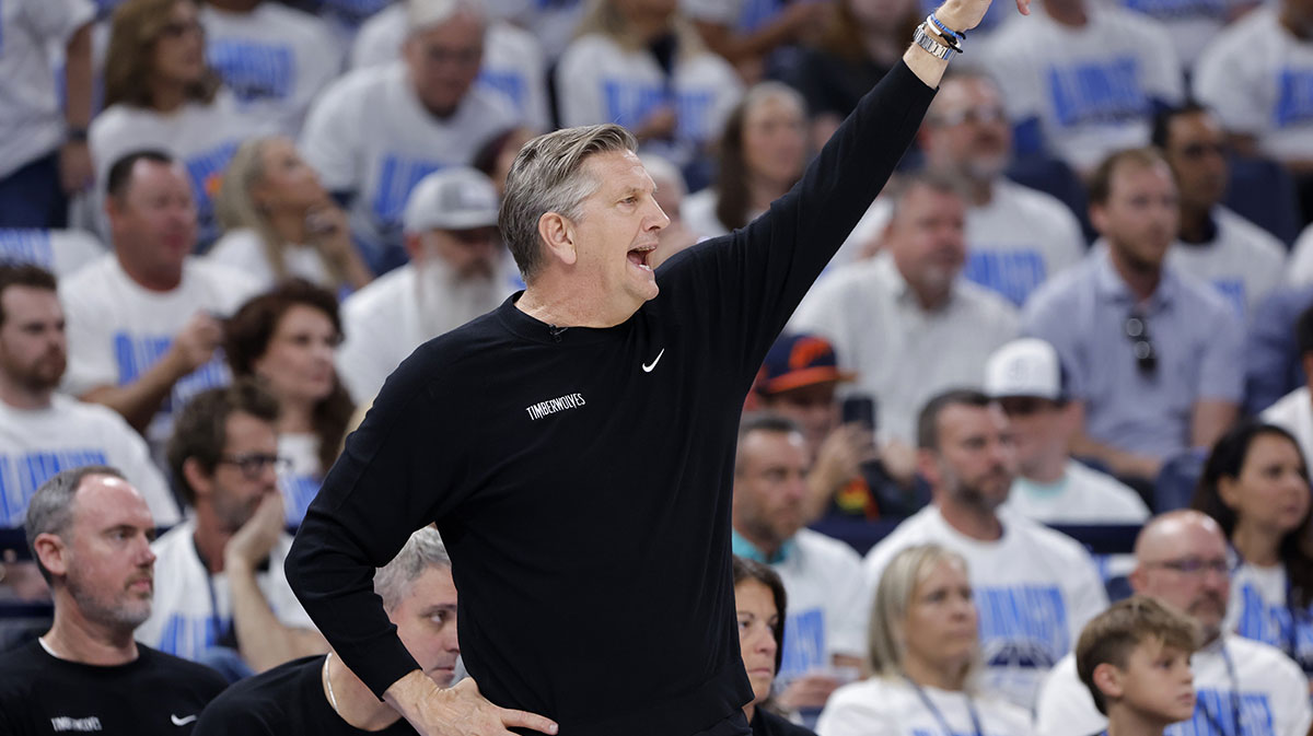 Minnesota Timberwolves head coach Chris Finch against the Oklahoma City Thunder in the second quarter during game one of the western conference finals for the 2025 NBA Playoffs at Paycom Center.