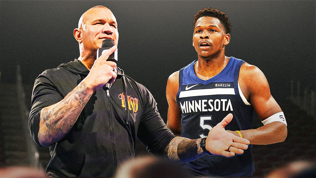 Randy Orton next to Anthony Edwards on the Timberwolves court.
