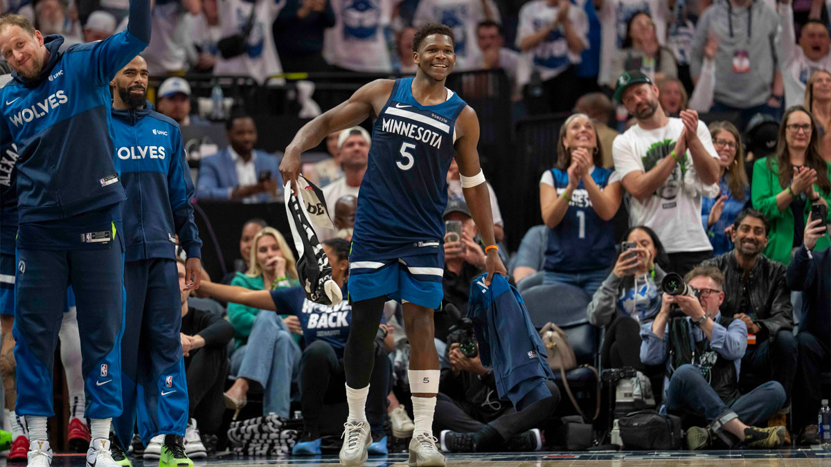 Minnesota Timberwolves guard Anthony Edwards (5) reacts after a made shot against the Golden State Warriors in the second half during game two of the second round for the 2025 NBA Playoffs at Target Center.