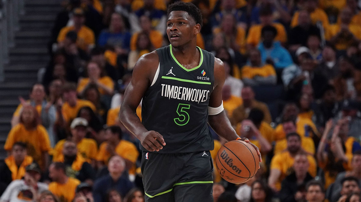 Minnesota Timberwolves guard Anthony Edwards (5) dribbles upcourt against the Golden State Warriors in the third quarter during game three in the second round of the 2025 NBA Playoffs at Chase Center.