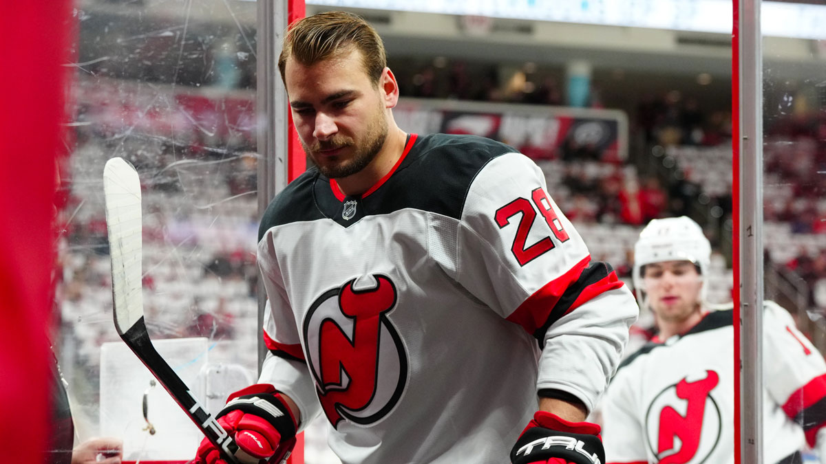 New Jersey Devils right wing Timo Meier (28) comes off the ice after the warmups before the game against the Carolina Hurricanes in game five of the first round of the 2025 Stanley Cup Playoffs at Lenovo Center.