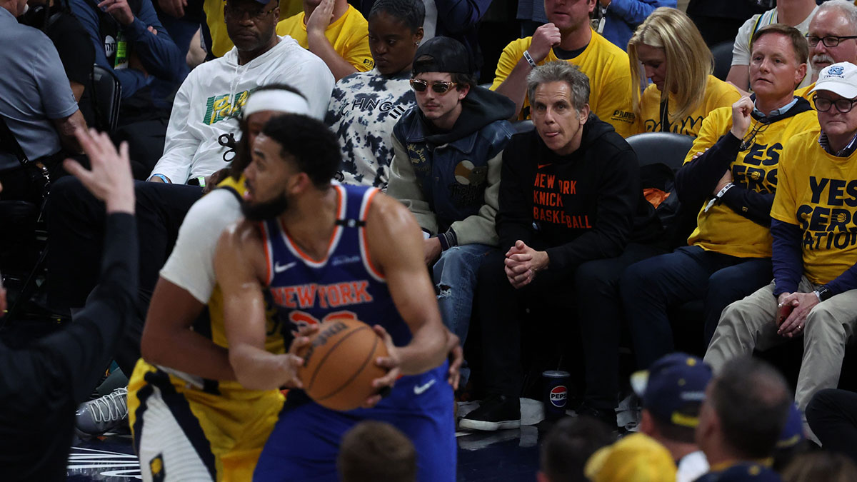 Timothée Chalamet and Ben Stiller watch play during the fourth quarter of game four of the eastern conference finals between the Indiana Pacers and the New York Knicks for the 2025 NBA Playoffs at Gainbridge Fieldhouse.