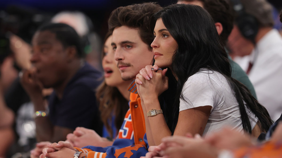 French-American actor Timothee Chalamet and Kylie Jenner look on during the first quarter between the New York Knicks and the Indiana Pacers during game five of the eastern conference finals for the 2025 NBA Playoffs at Madison Square Garden.