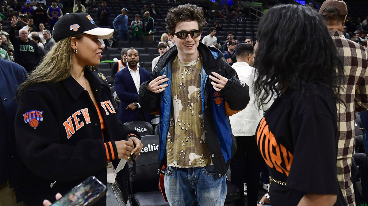Timothée Chalamet at Knicks-Celtics Game 5 at TD Garden on May 14, 2025.
