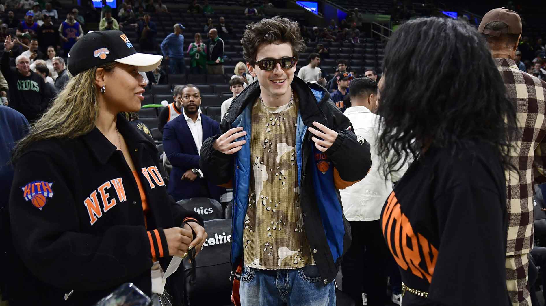 American-French actor Timothee Chalamet talks to fans prior to game five of the second round for the 2025 NBA Playoffs against the Boston Celtics at TD Garden.