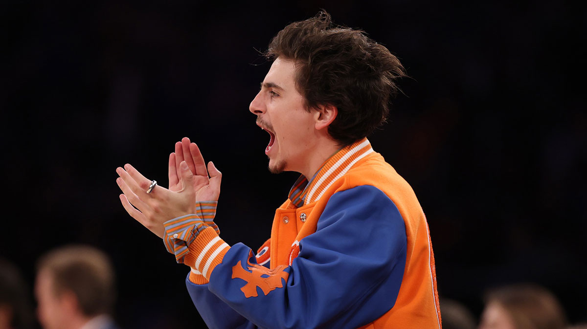 French-American actor Timothee Chalamet reacts in the fourth quarter between the New York Knicks and the Indiana Pacers during game five of the eastern conference finals for the 2025 NBA Playoffs at Madison Square Garden.