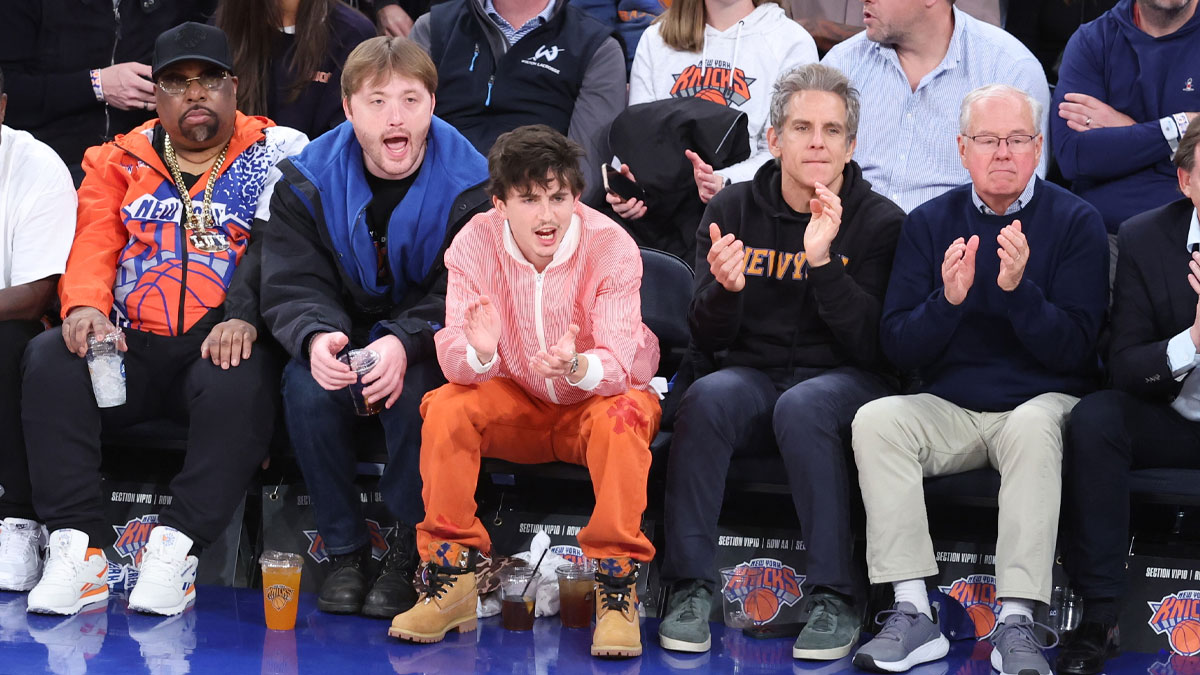 Timothée Chalmet and Ben Stiller at Knicks-Pacers Game 1 on Wednesday, May 21, 2025.