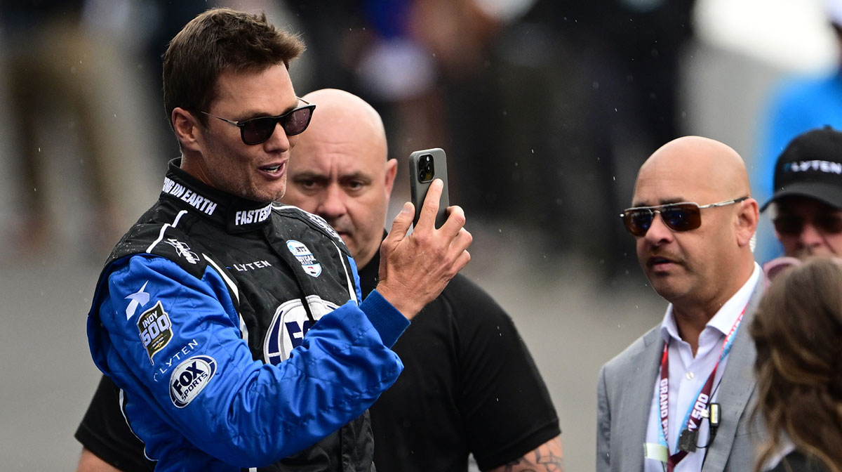 Tom Brady looks on before the 109th Running of the Indianapolis 500 at Indianapolis Motor Speedway