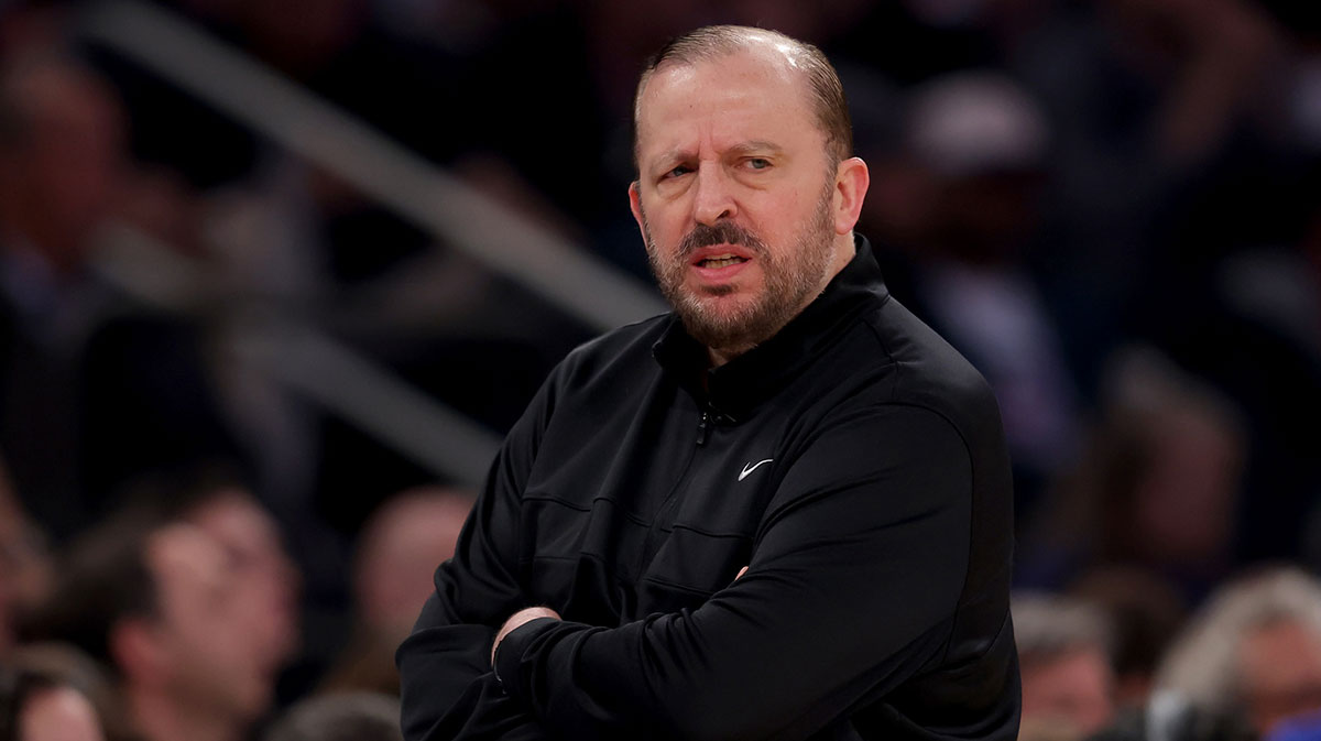 New York Knicks head coach Tom Thibodeau coaches against the Boston Celtics during the first quarter of game six in the second round of the 2025 NBA Playoffs at Madison Square Garden.