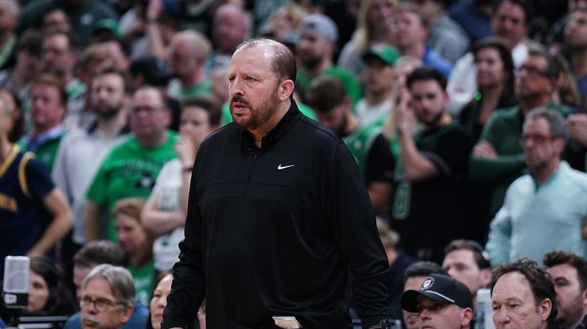 New York Knicks head coach Tom Thibodeau watches from the sideline as they take on the Boston Celtics during game two of the second round for the 2025 NBA Playoffs at TD Garden.