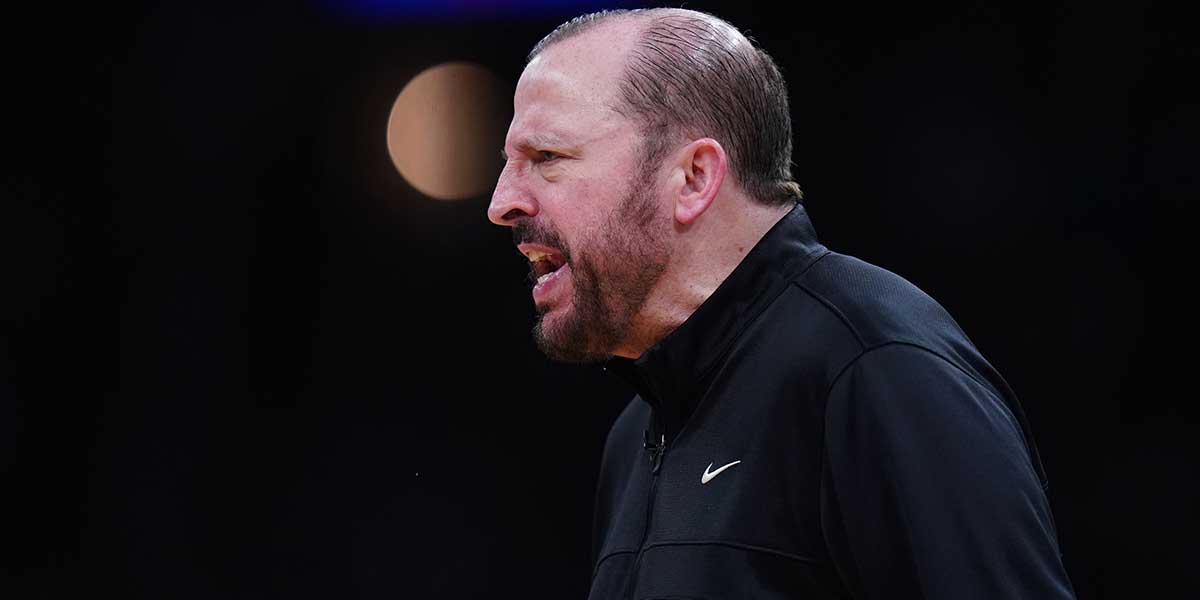 New York Knicks head coach Tom Thibodeau watches from the sideline as they take on the Boston Celtics during game one of the second round for the 2025 NBA Playoffs at TD Garden.