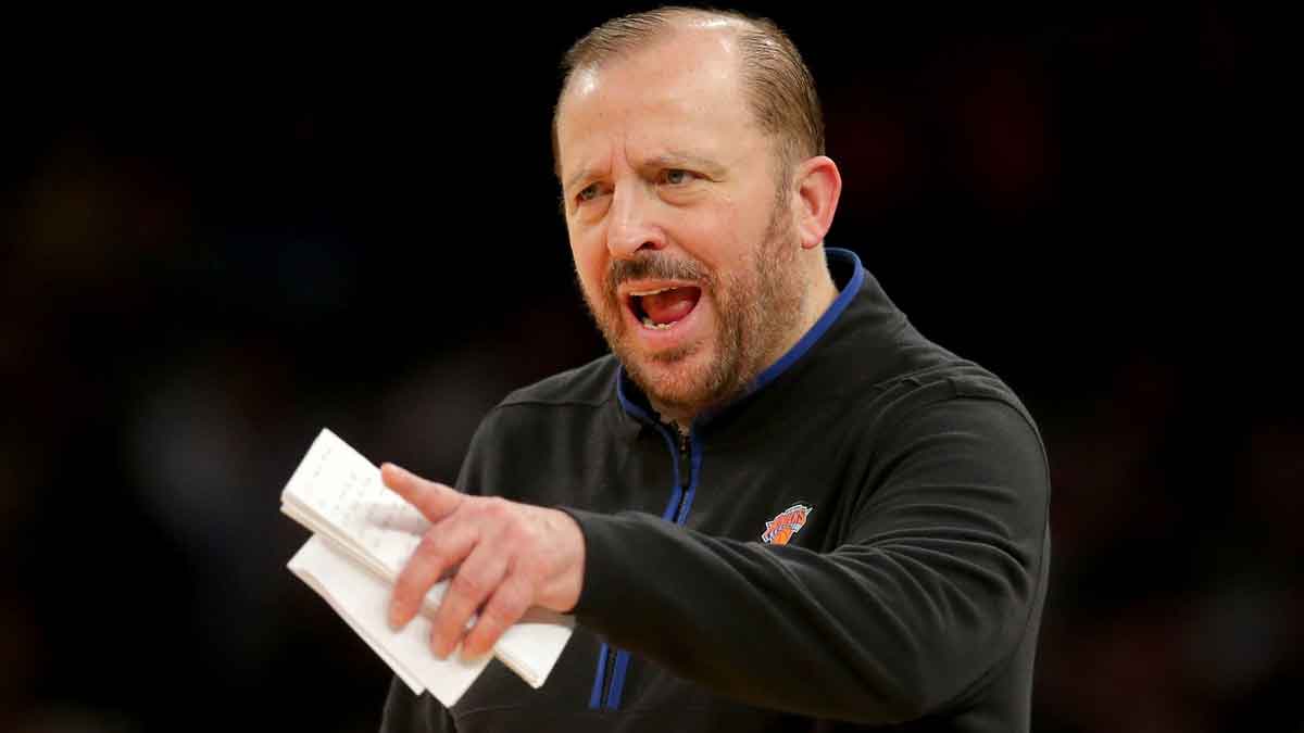 New York Knicks head coach Tom Thibodeaux coaches against the Golden State Warriors during the third quarter at Madison Square Garden. Mandatory Credit: Brad Penner-Imagn Images