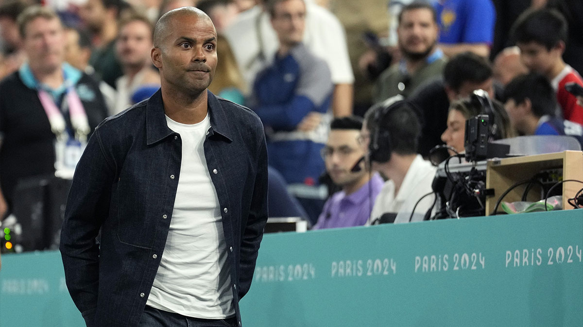 The former NBA player, Tony Parker, looks during the first half between France and Germany during a male basketball semi-final at the Paris 2024 summer Olympic Games in Accor Arena.