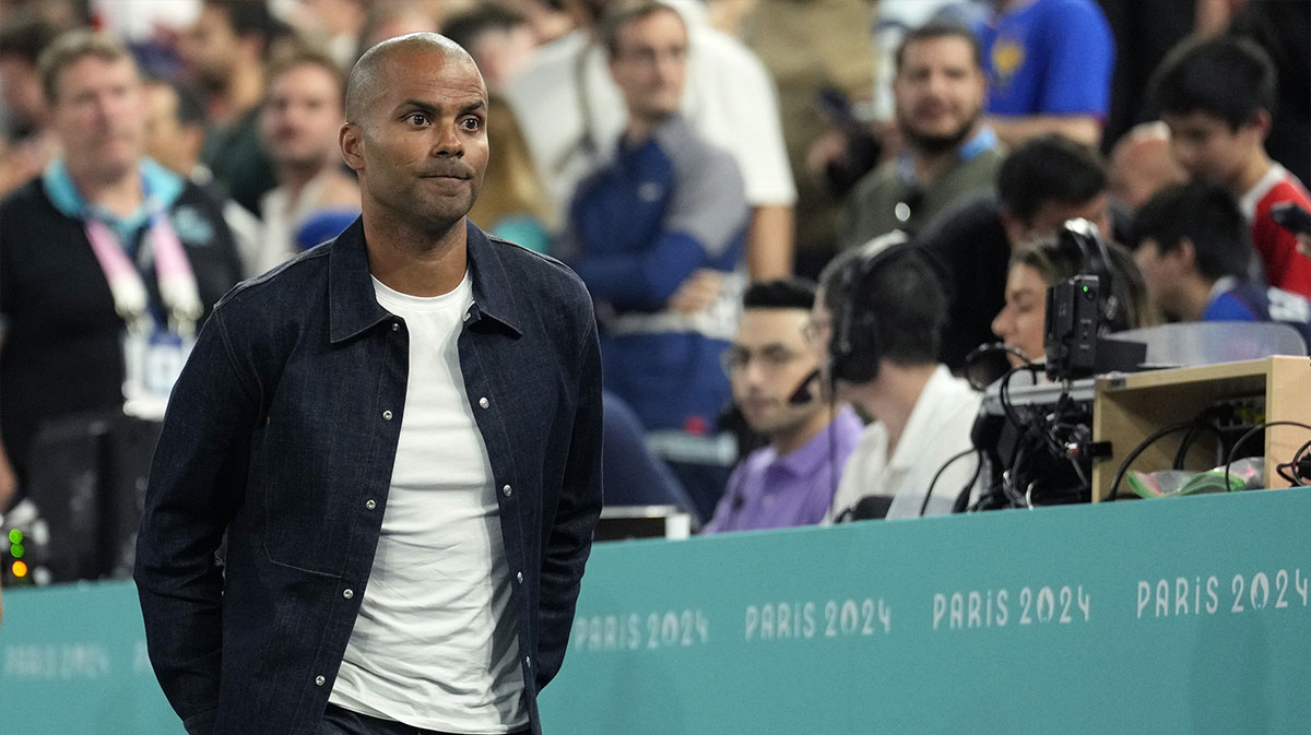 Former NBA player Tony Parker looks on during the first half between France and Germany in a men's basketball semifinal game during the Paris 2024 Olympic Summer Games at Accor Arena.