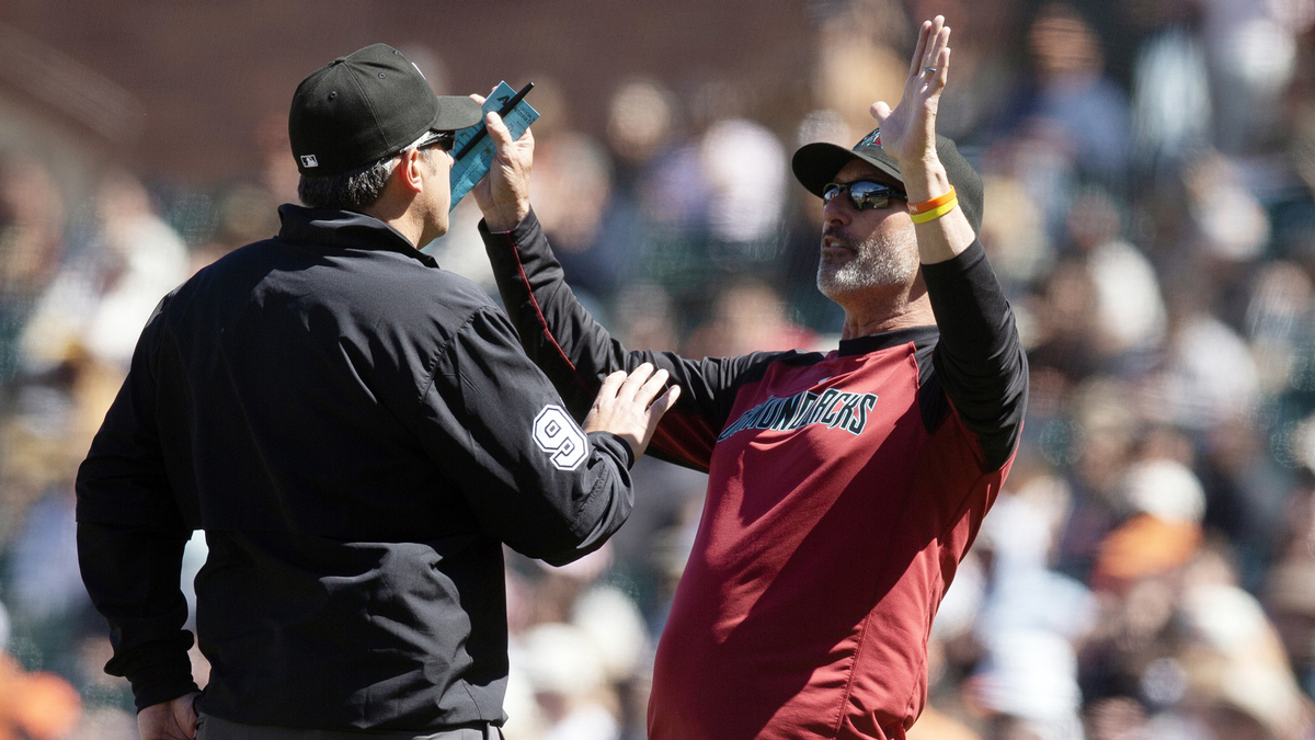 May 14, 2025; San Francisco, California, USA; Arizona Diamondbacks manager Torey Lovullo (right) argues an interference call with umpire Mark Ripperger during the eighth inning against the San Francisco Giants at Oracle Park.