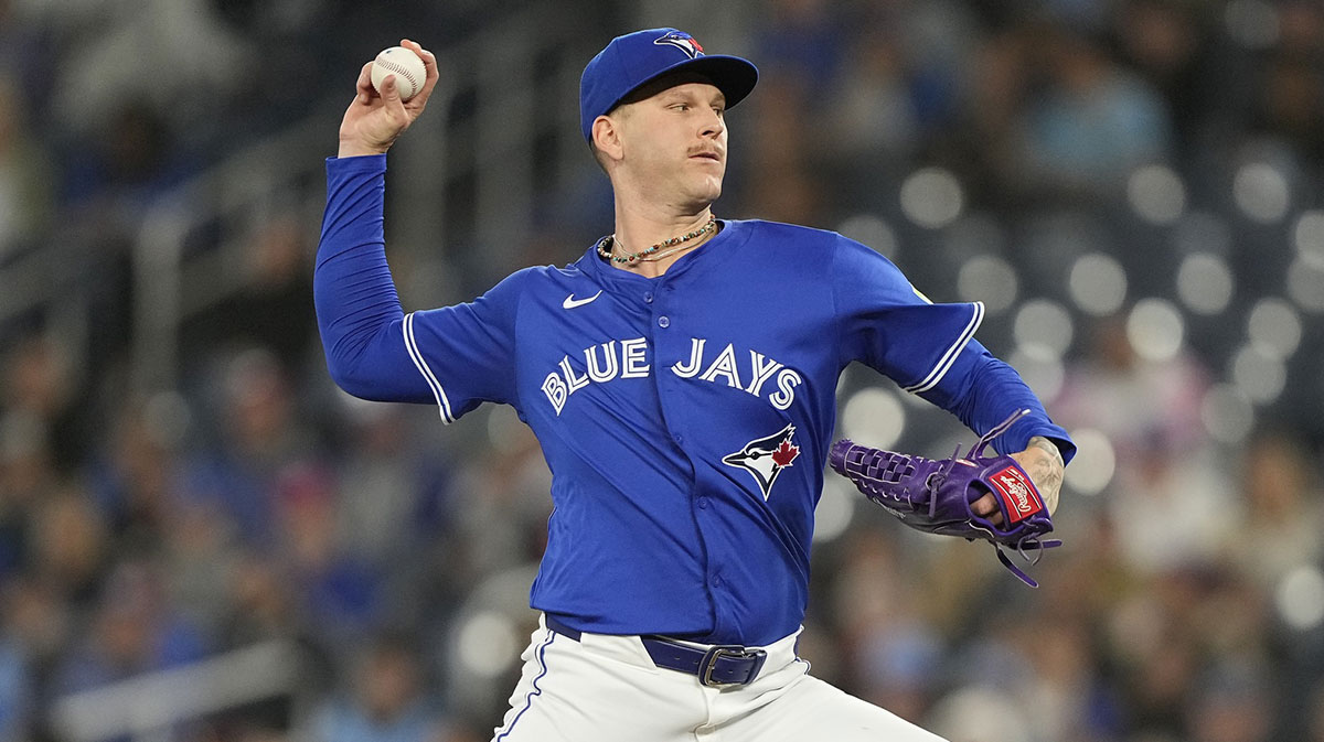 Toronto Blue Jays starting pitcher Bowden Francis (44) pitches to the San Diego Padres during the third inning at Rogers Centre.