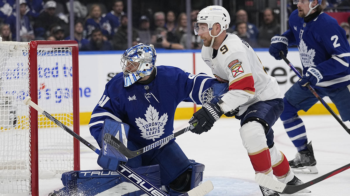 Toronto Maple Leafs goaltender Anthony Stolarz (41) and Florida Panthers forward Sam Bennett (9) battle for position in front of the goal during the second period of the second round of the 2025 Stanley Cup Playoffs at Scotiabank Arena