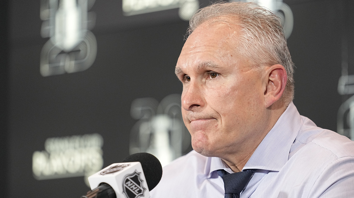Toronto Maple Leafs head coach Craig Berube during a post game press conference following game one in the second round of the 2025 Stanley Cup Playoffs against the Florida Panthers at Scotiabank Arena.