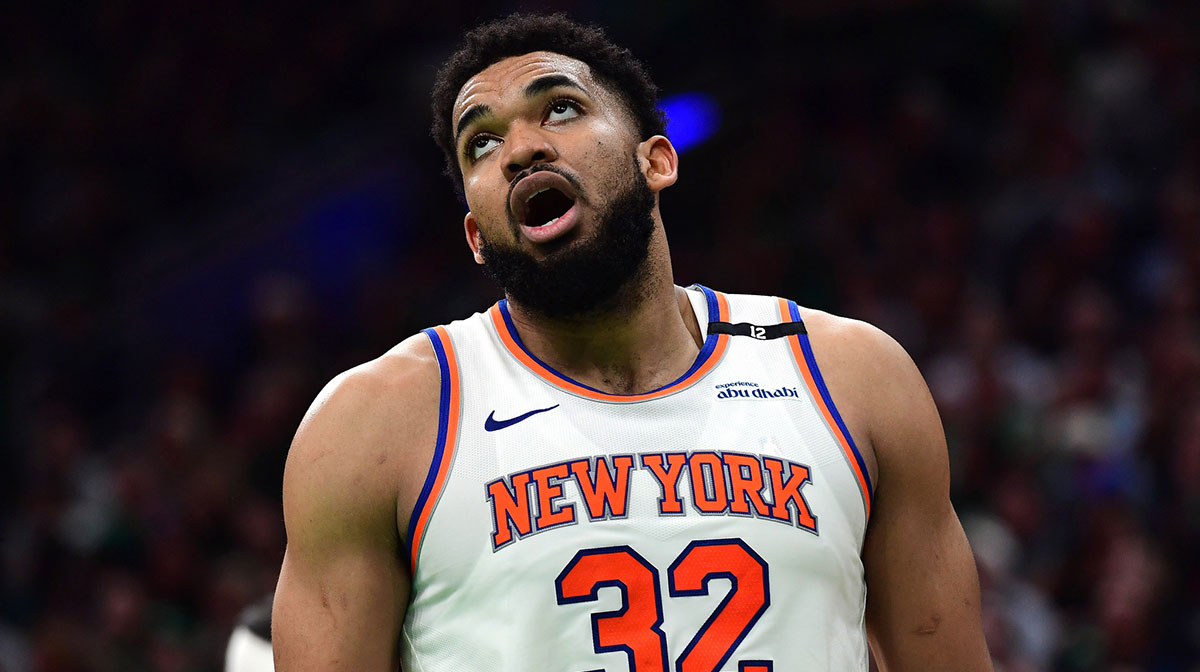 New York Knicks center Karl-Anthony Towns (32) reacts in the second half during game five of the second round for the 2025 NBA Playoffs against the Boston Celtics at TD Garden