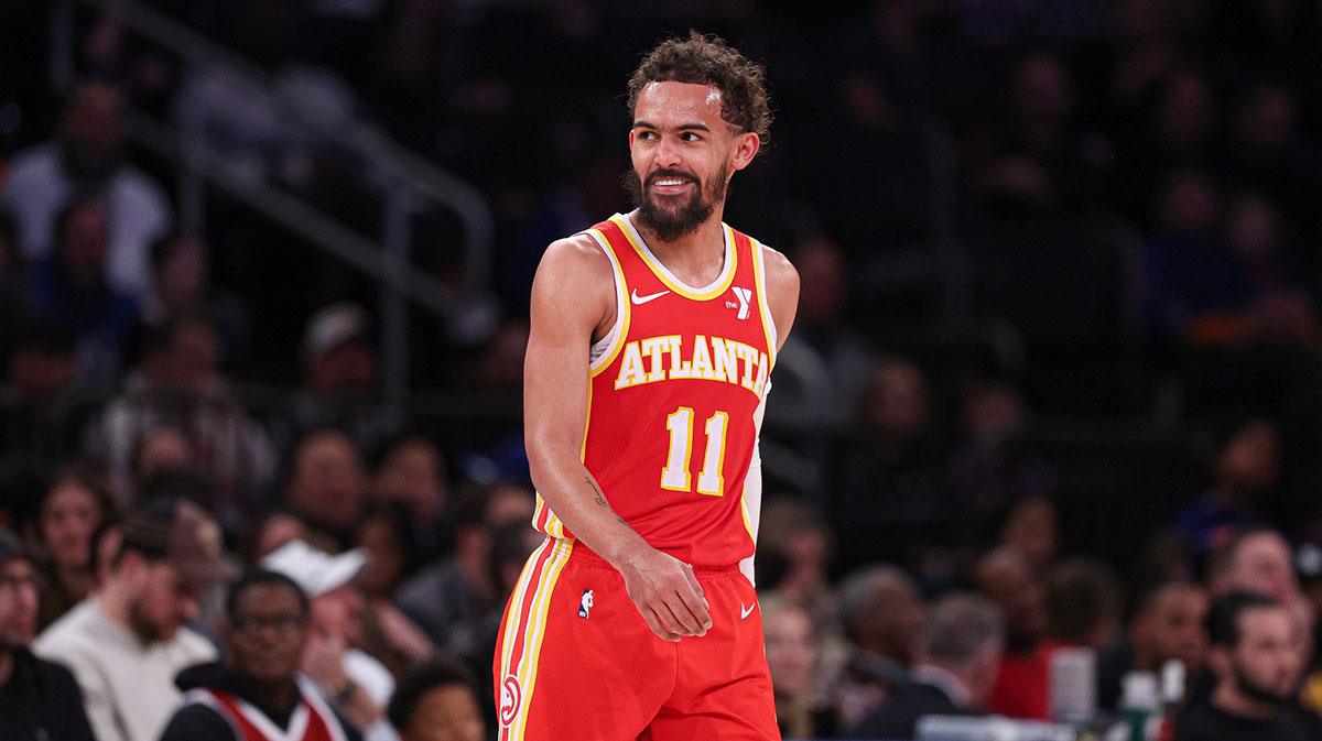 Atlanta Hawks guard Trae Young (11) reacts after being assessed a technical foul during the second half against the New York Knicks at Madison Square Garden.