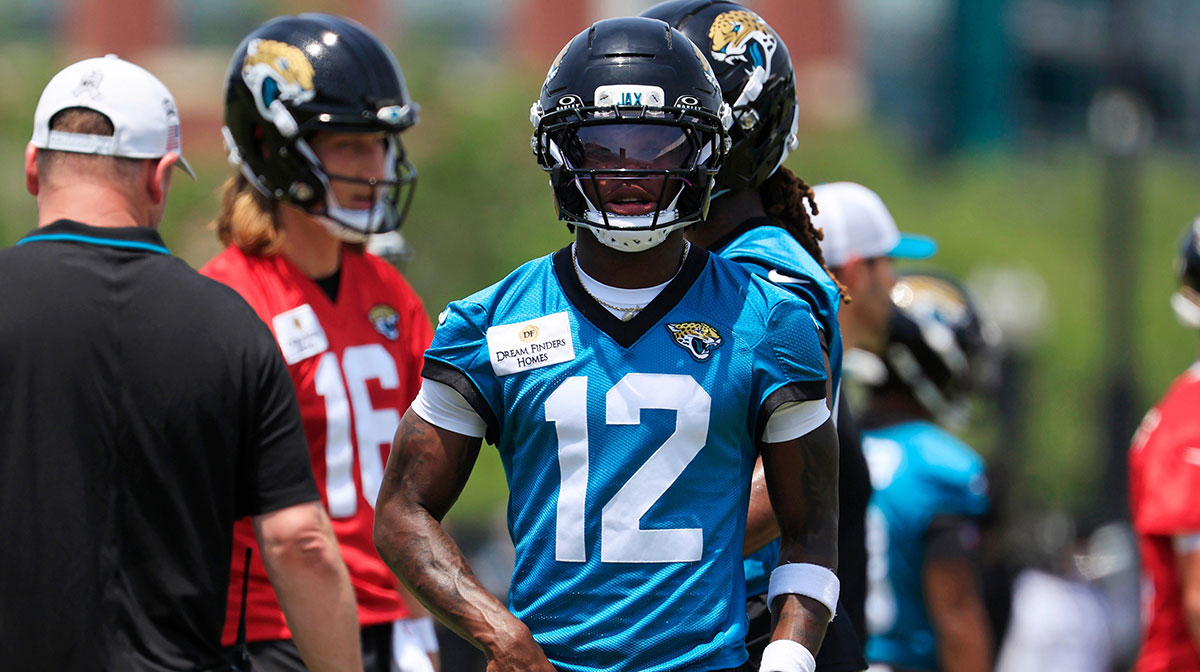 Jacksonville Jaguars wide receiver Travis Hunter (12) walks to his lane during the first organized team activity at Miller Electric Center Monday, May 19, 2025 in Jacksonville, Fla.