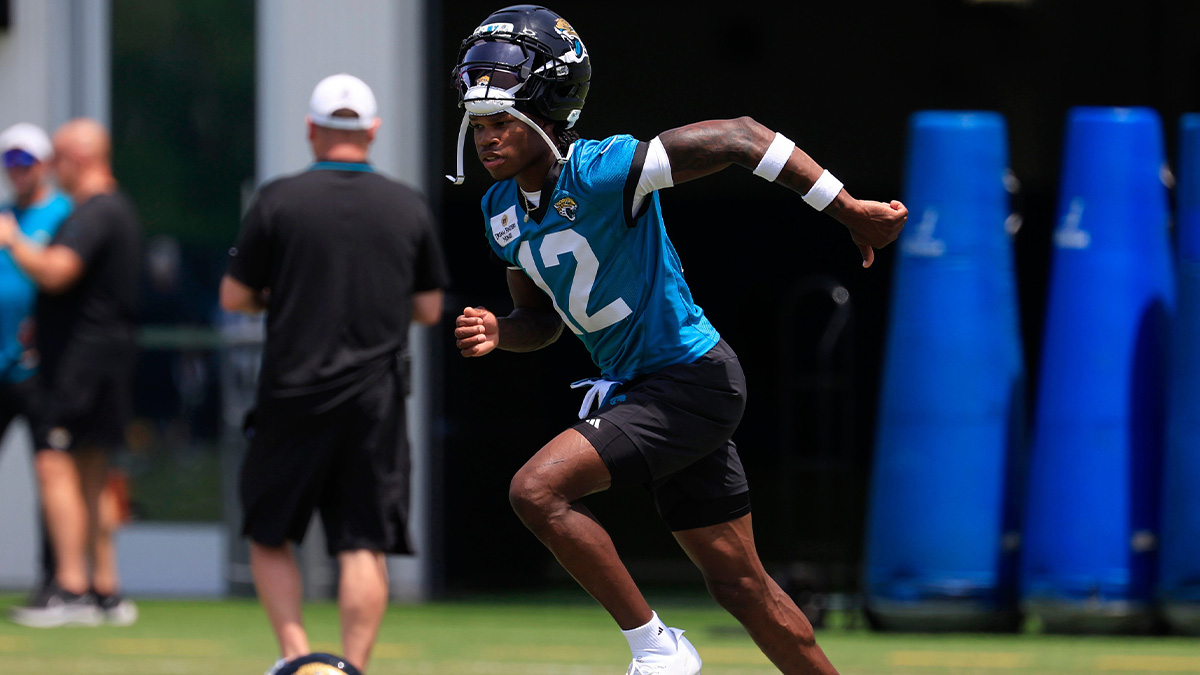 Jacksonville Jaguars wide receiver Travis Hunter (12) runs a route during the first organized team activity at Miller Electric Center Monday, May 19, 2025 in Jacksonville, Fla.