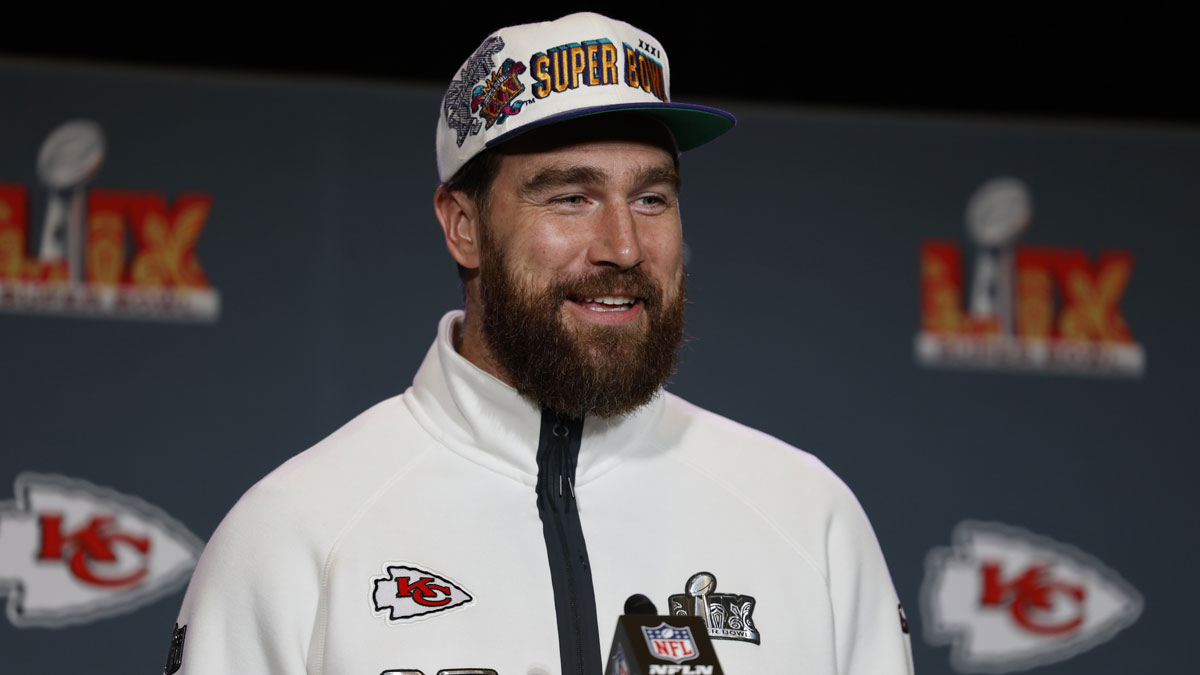 Kansas City Chiefs tight end Travis Kelce (87) during a press conference in advance of Super Bowl LIX at New Orleans Marriott.