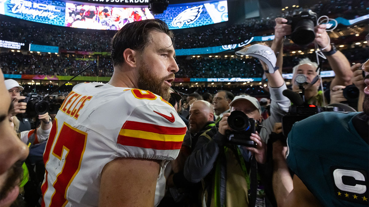 Kansas City Chiefs tight end Travis Kelce, whose hair went viral before not attending the 2025 AMAs with Taylor Swift, after Super Bowl 59.