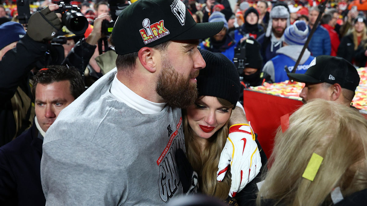 Travis Kelce and Taylor Swift, who skipped the 2025 Met Gala, after the AFC Championship game.