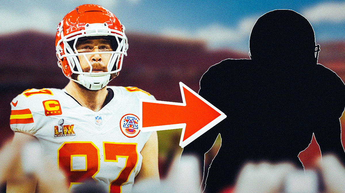 Kansas City Chiefs tight end Travis Kelce, who has undergone a weight loss body transformation in the offseason, with an arrow pointing at a silhouette of the star with GEHA Field at Arrowhead Stadium background.