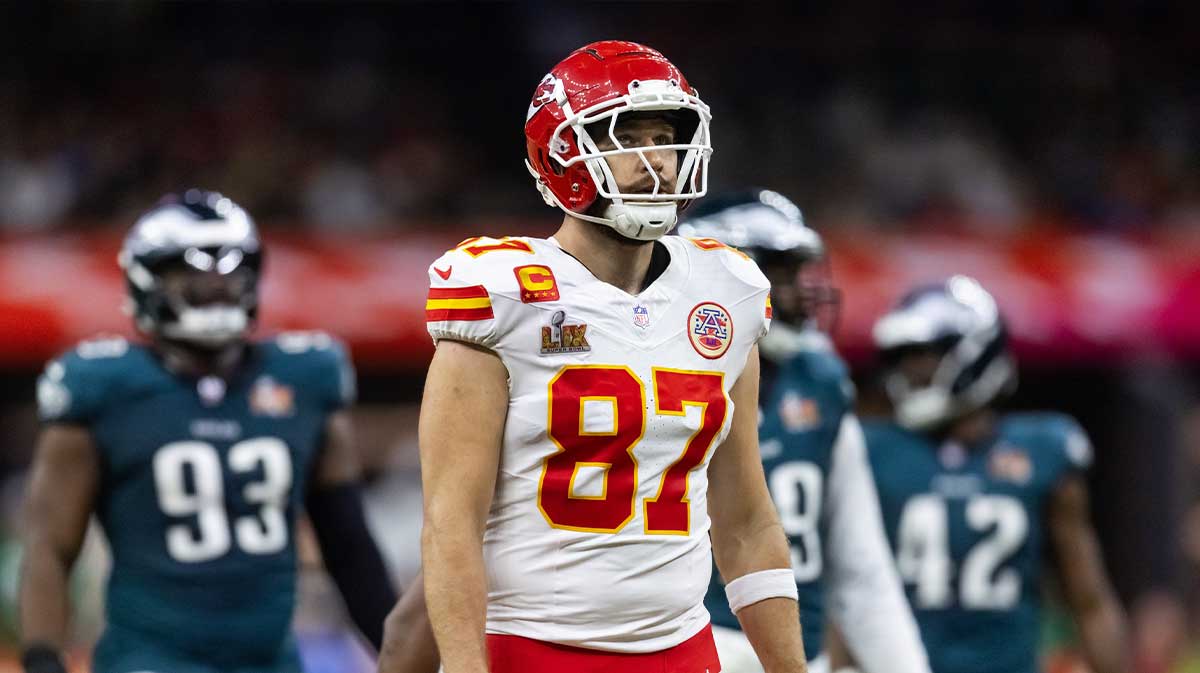 Kansas City Chiefs tight end Travis Kelce (87) against the Philadelphia Eagles in Super Bowl LIX at Ceasars Superdome.