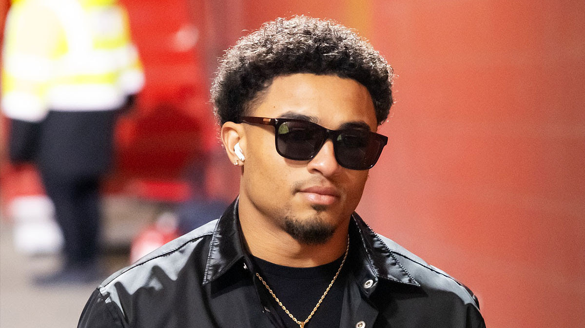 Kansas City Chiefs cornerback Trent McDuffie (22) arrives prior to the game against the Buffalo Bills in the AFC Championship game.
