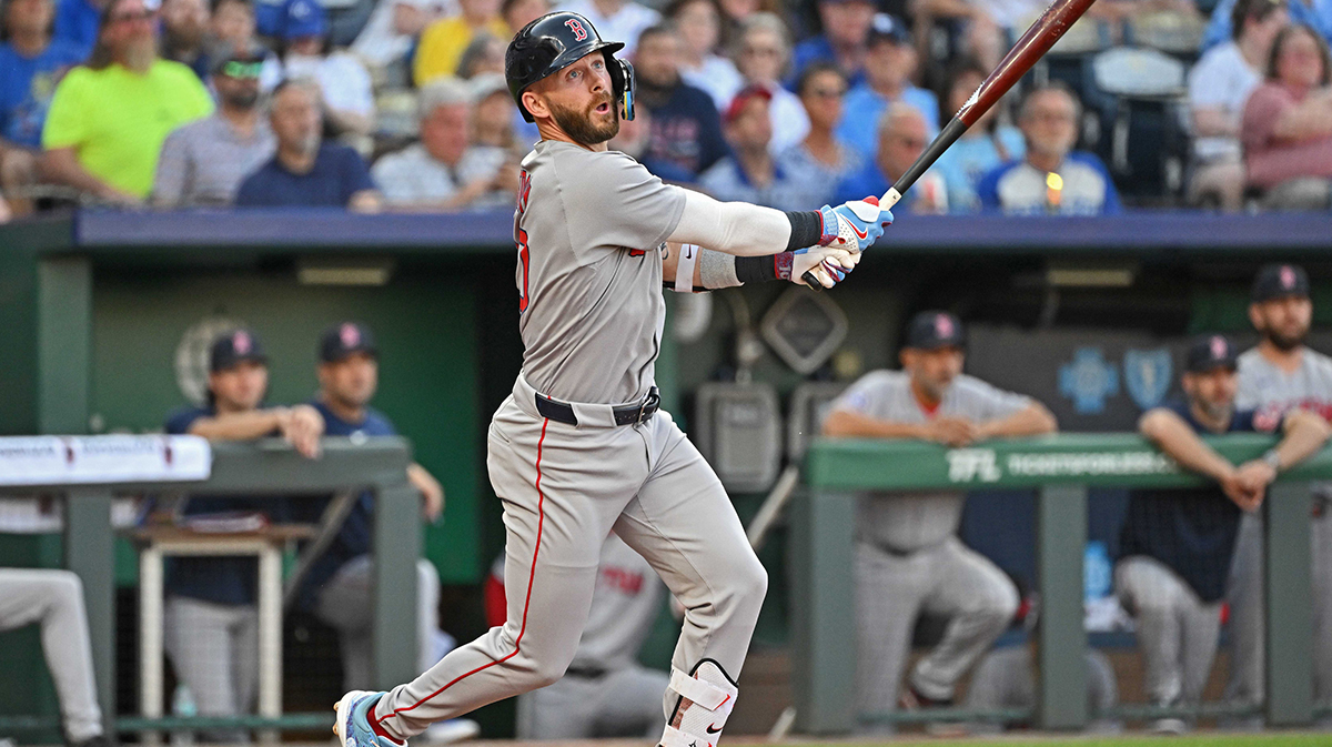 Boston Red Sox shortstop Trevor Story (10) at bat in the second inning against the Kansas City Royals at Kauffman Stadium.