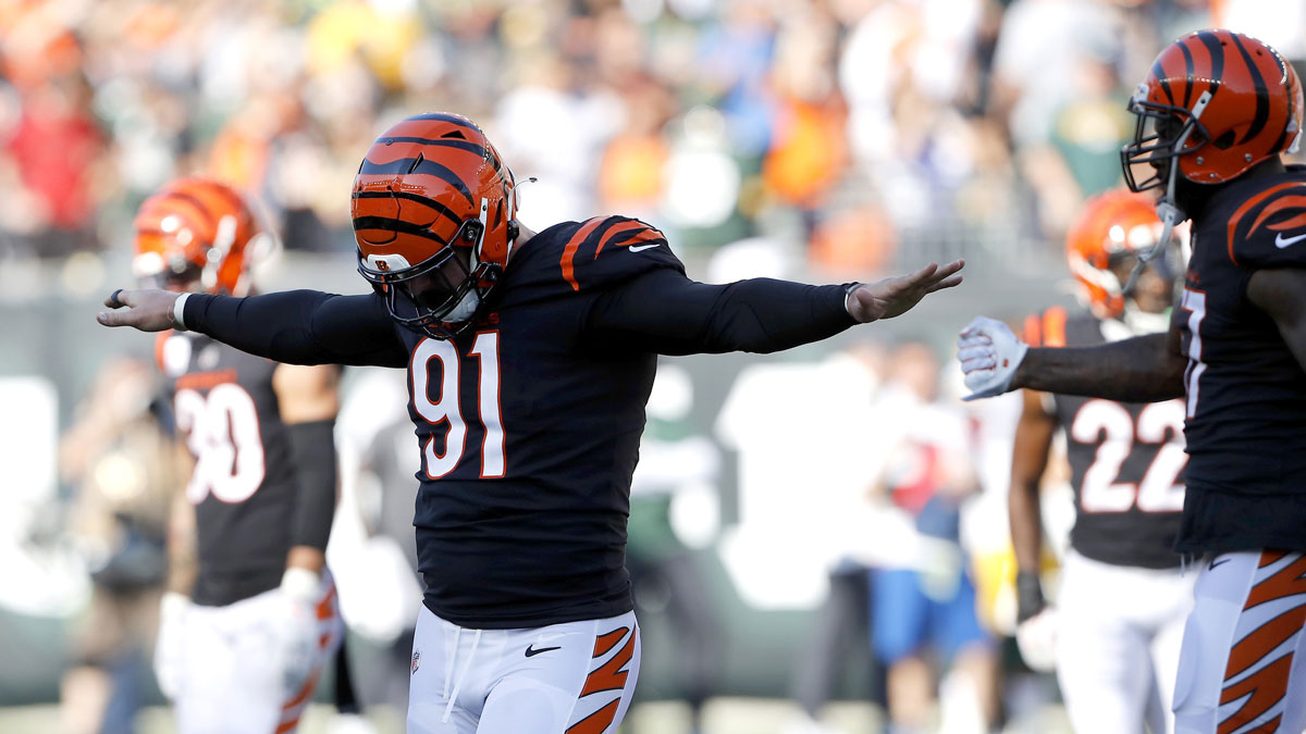 Cincinnati Bengals defensive end Trey Hendrickson (91)reacts to the missed field goal attempt by the Green Bay Packers during the fourth quarter at Paul Brown Stadium.