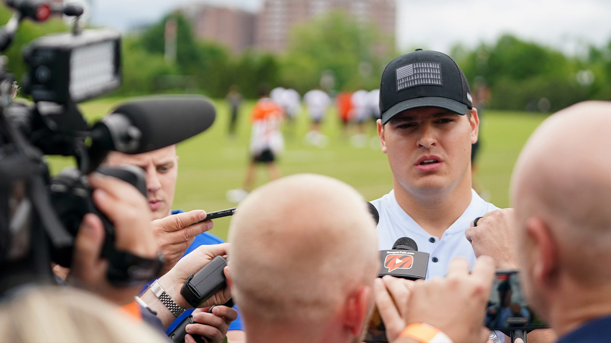 Cincinnati Bengals Trey Hendrickson speaks at a press conference after practice